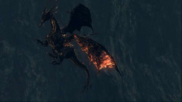 PC 版 DARK SOULS with ARTORIAS OF THE ABYSS EDITION（Prepare To Die Edition） DSfix スクリーンショット、エリア 王家の森庭（Royal Wood） 鷹の目ゴー 黒竜カラミット イベントシーン
