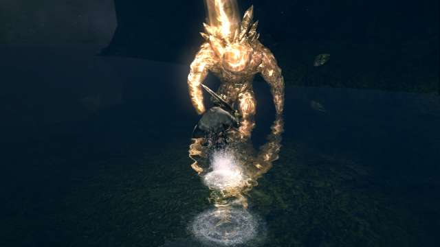 PC 版 DARK SOULS with ARTORIAS OF THE ABYSS EDITION（Prepare To Die Edition） DSfix スクリーンショット、エリア 狭間の森（Dark Root Basin） クリスタルゴーレム（琥珀）戦