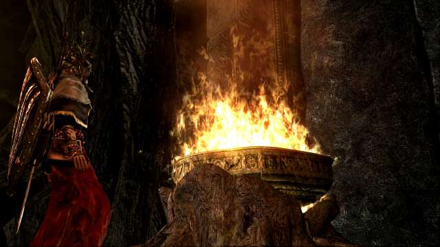PC 版 DARK SOULS with ARTORIAS OF THE ABYSS EDITION（Prepare To Die Edition） DSfix スクリーンショット、エリア 火継ぎの祭壇（Firelink Altar） 王の器に 4つ目の王のソウルを捧げるシーン