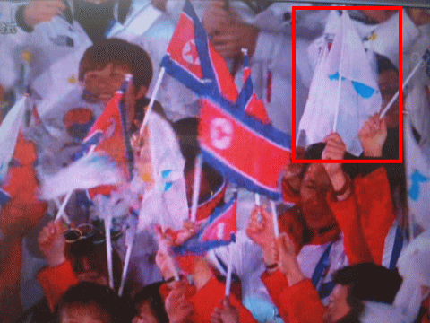 閉会式で統一旗を振る朝鮮選手団