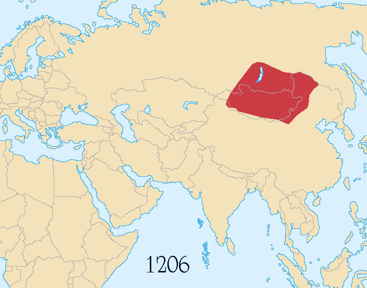 モンゴル帝国の版図の変遷 テムジンがチンギス・カンを名乗った1206年から1294年のモンゴル帝国（赤）の領域に続き、4つの領域国家のゆるやかな連邦体制に移行した帝国の版図を示した（1294年時点）。ジョチ・ウルス（黄）、チャガタイ・ウルス（濃緑）、イルハン朝（緑）、大元ウルス（紫）である。