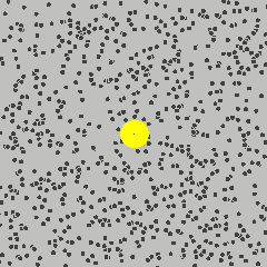 ブラウン運動のシミュレーション。黒色の媒質粒子の衝突により、黄色の微粒子が不規則に運動している。