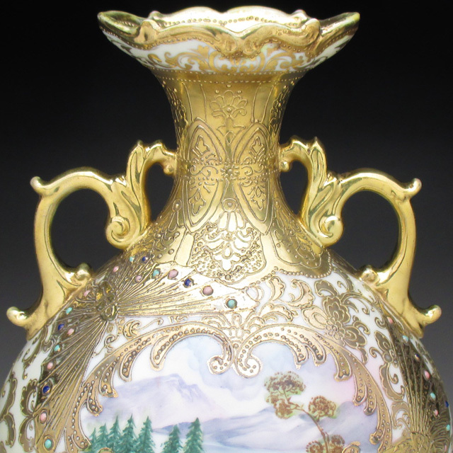 オールドノリタケ 金盛りエナメルジュール蝶湖畔風景絵 花瓶 壺 